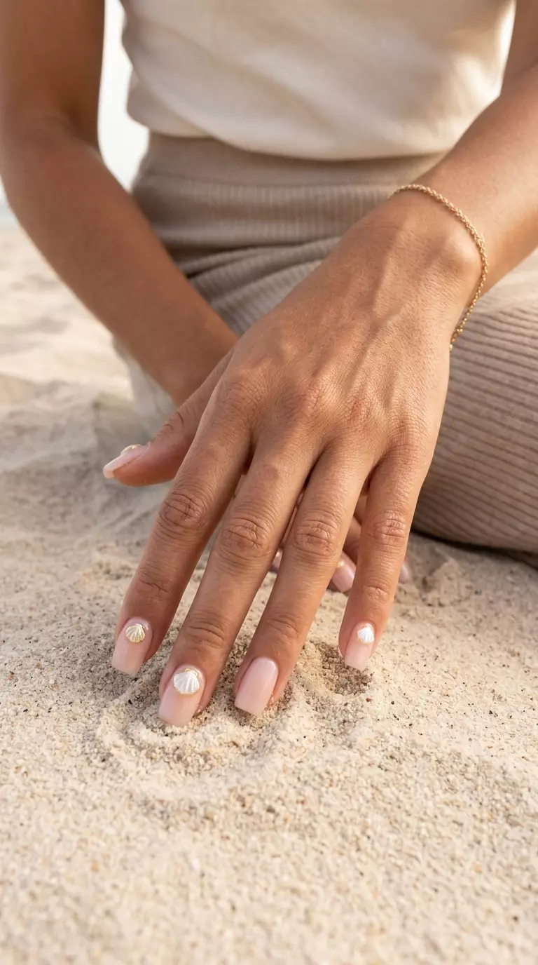 Beach Charm Nude Builder Gel 2026 Beach charm nude builder gel nails with iridescent shell charms. June manicure ideas - summer trends 2026.