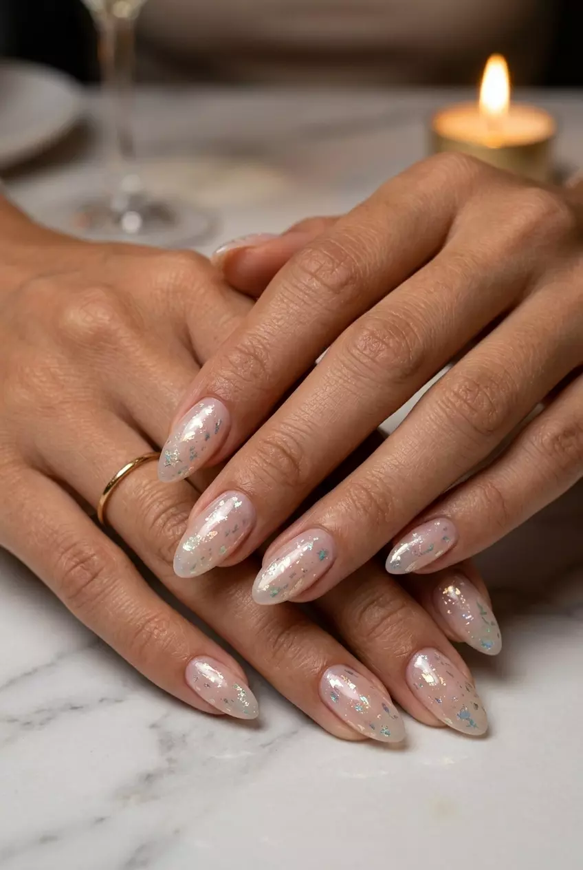 June Manicure Ideas: Chrome Flake Shimmer 2026 Chrome Flake Almond Shimmer nails for date night, evening out, or special occasions. Glamorous, sophisticated.