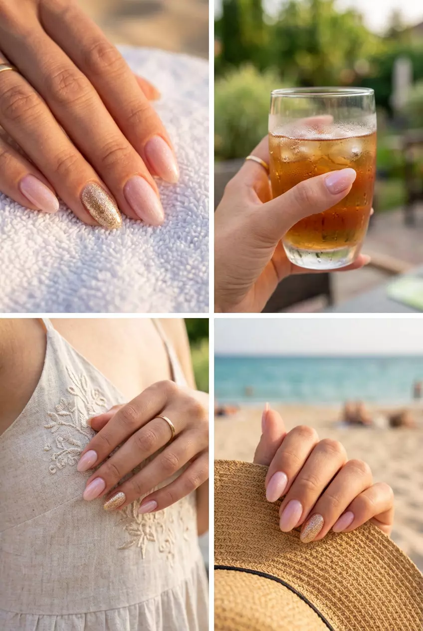 June Manicure Ideas: Gilded Nude Accent 2026 Gilded Accent Nude nails for daily wear, casual evenings, or business casual. Glamorous, minimalist, understated.