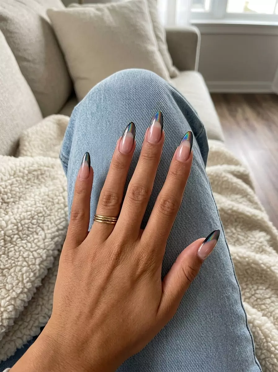 Prismatic Rainbow French Tips 2026 Prismatic rainbow French tips, holographic chrome effect. June manicure ideas - summer trends 2026.