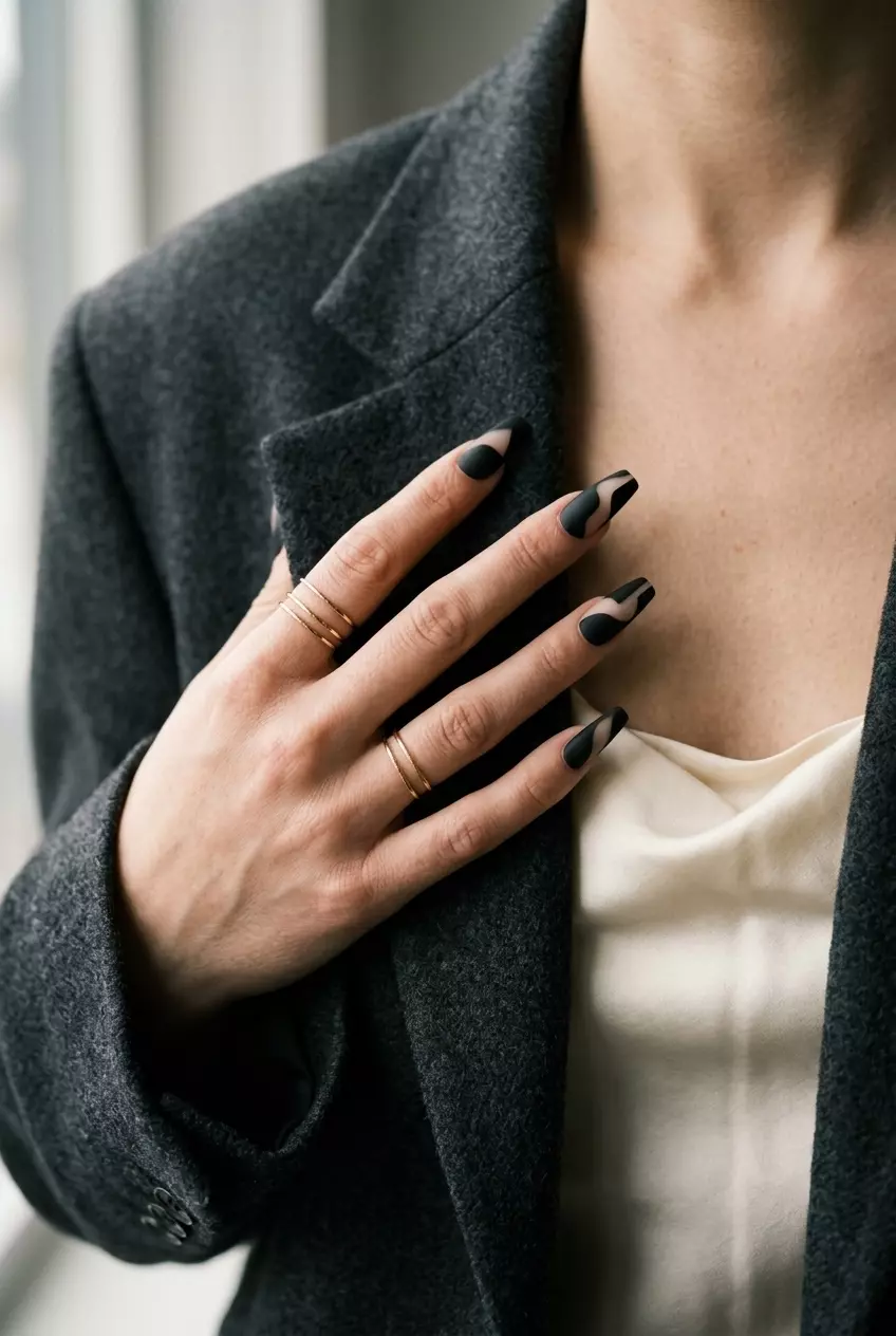 Matte Black Negative Space Manicure 2026 | Edgy Party Style Matte Black Negative Space Edgy manicure: bold abstract shapes on clear nails. June manicure ideas - summer trends 2026.