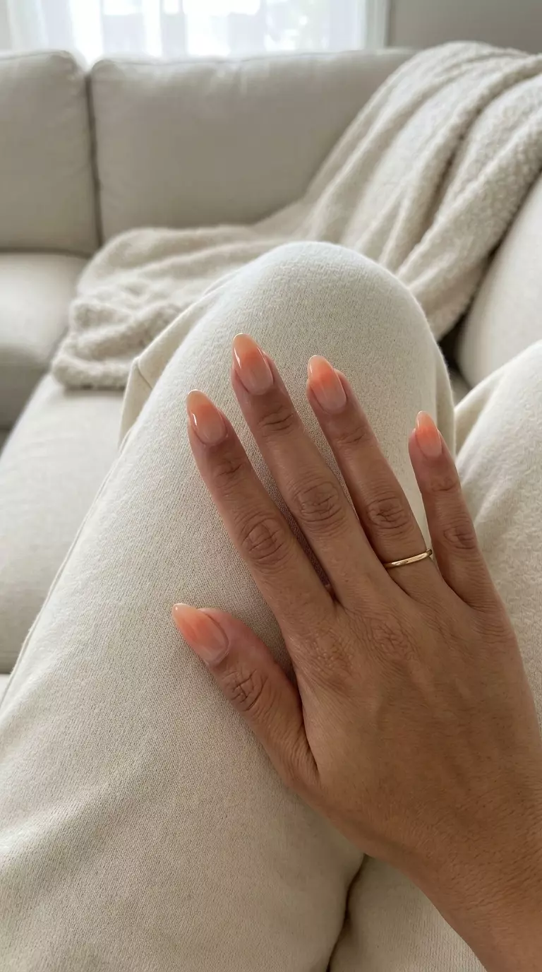Peachy Keen French Fade Manicure 2026 | Romantic Date Night Style Peachy Keen French Fade manicure: sheer nude base with warm peach gradient tips. June manicure ideas - summer trends 2026.