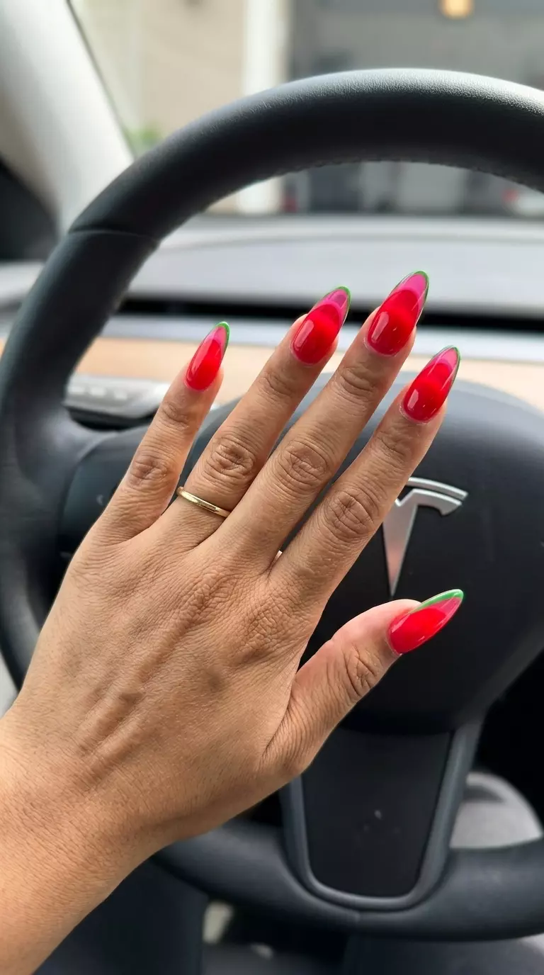 Watermelon Jelly French Tip 2026 Watermelon jelly French tip manicure, pink tips with green outline. June manicure ideas - summer trends 2026.