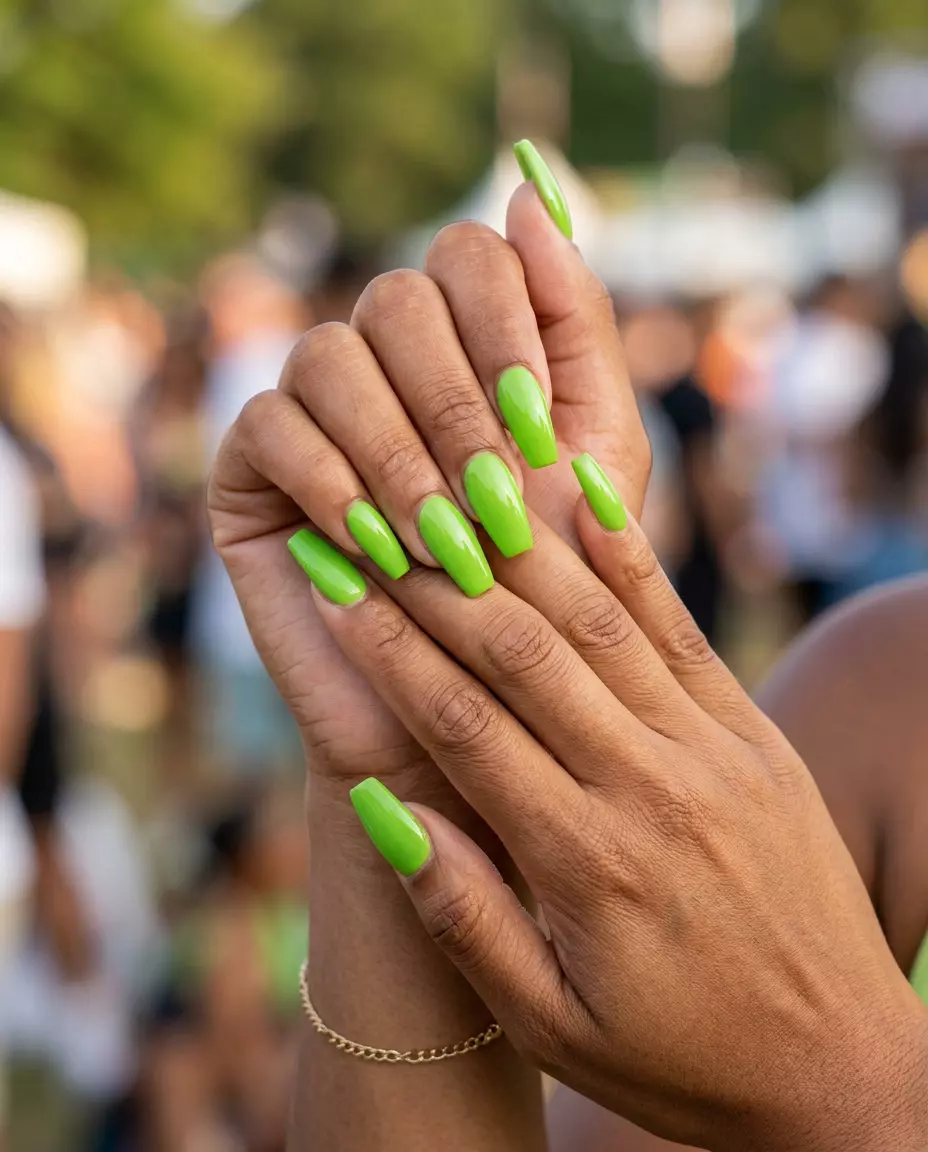 June Manicure Ideas: Lime Green Glossy 2026 Zesty Lime Green Solid Glossy nails for festivals, parties, or summer events. Playful, bold, energetic.