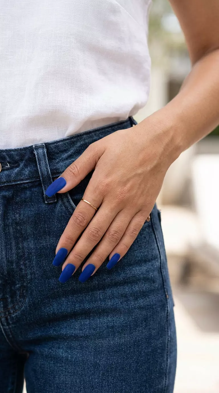 Velvet Matte Cobalt Nails 2026 | Evening Elegance Cobalt Blue Velvet Coffin nails: Deep cobalt blue with a luxurious velvet matte finish. Sophisticated for evenings. June nails ideas - summer ideas 2026.