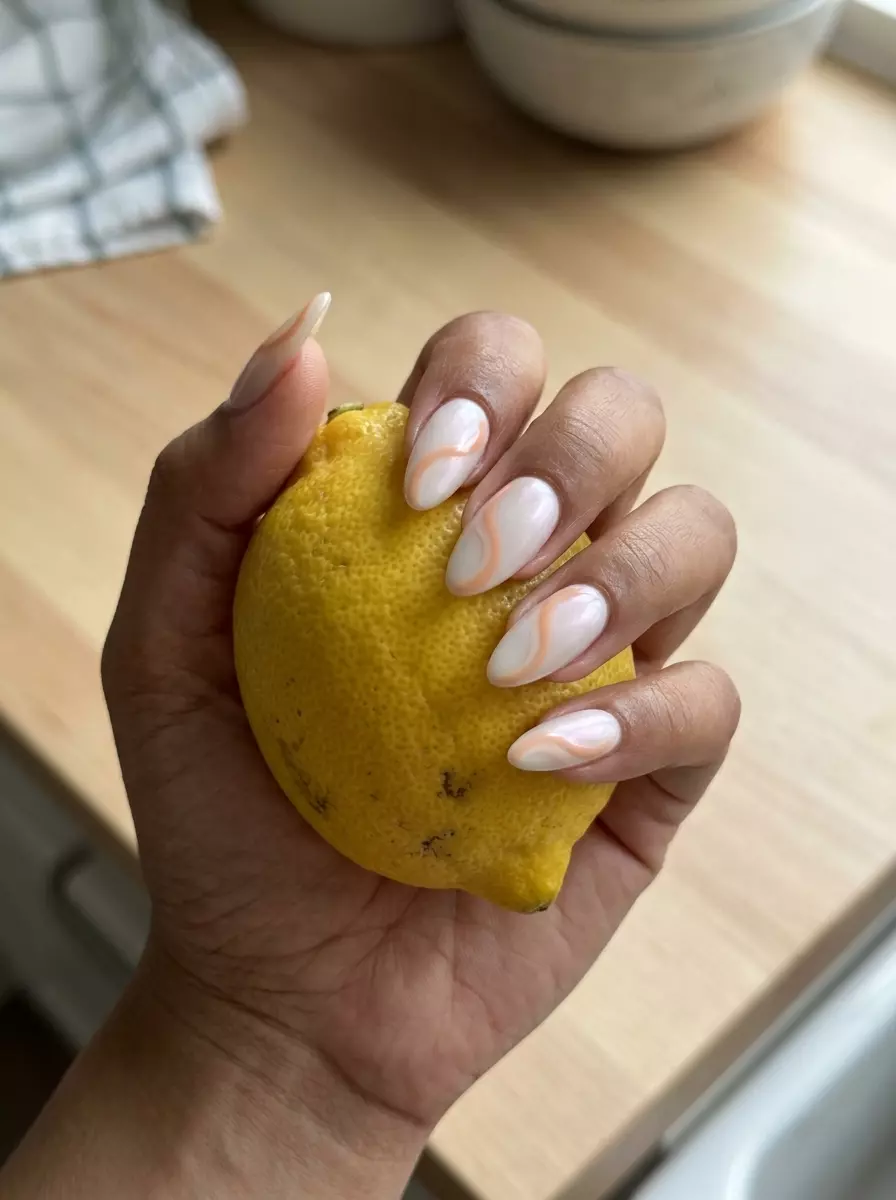 Dreamy Peach Fuzz Swirls 2026 | Summer Date Night Dreamy Peach Fuzz Swirls nails: Milky white with peach swirls & pearlescent sheen. Great for summer events. June nails ideas - summer ideas 2026.
