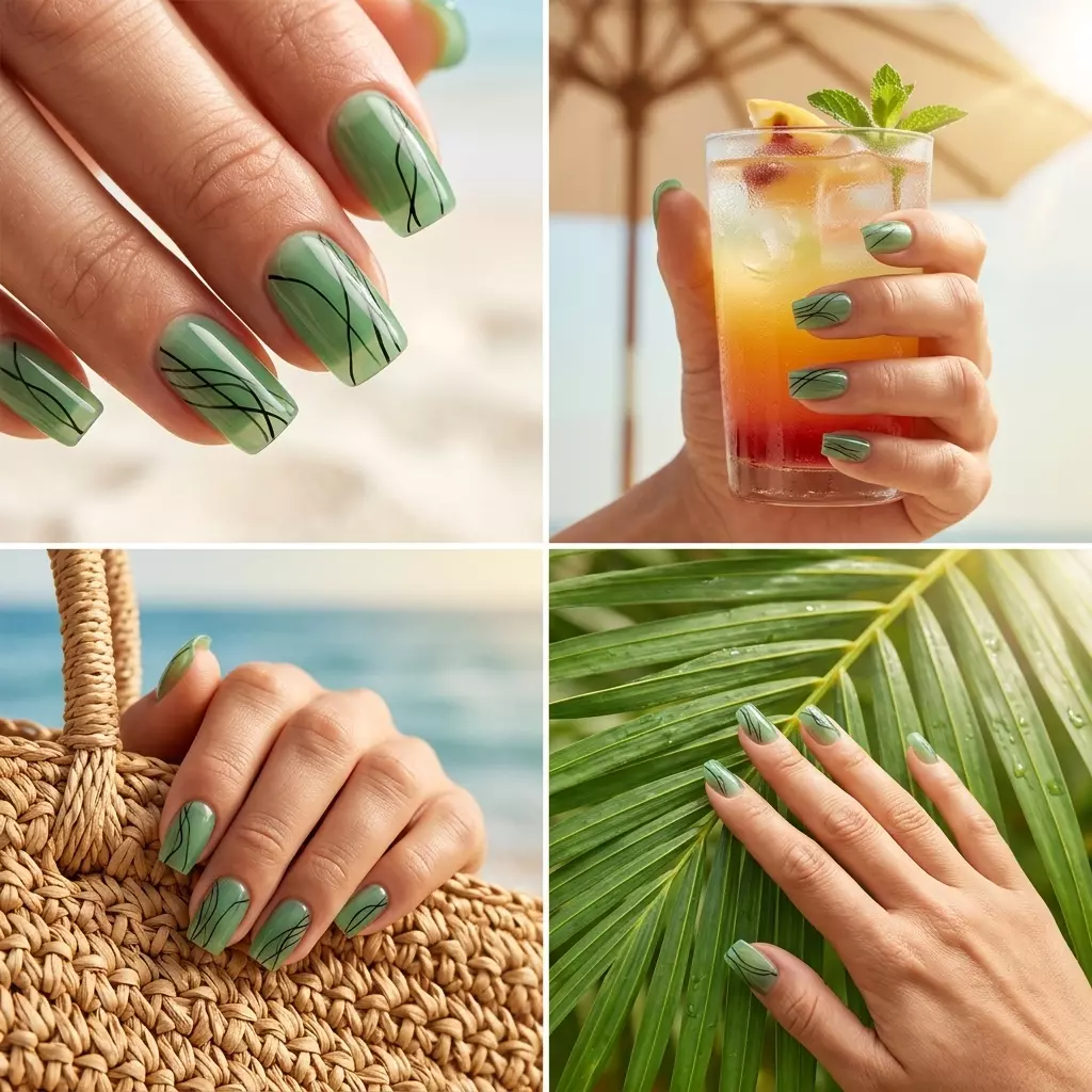 Graphic Green Lines Almond Nails | June Ideas 2026 Sheer lime green almond nails with abstract black lines. June nails ideas - summer ideas 2026.