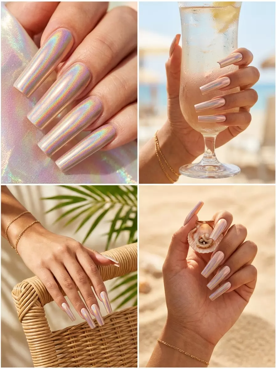 Holographic Peach Flare Nails 2026 | Bold & Dreamy Holographic Peach Flare nails for festivals, summer parties, and nights out. June nails ideas - summer ideas 2026.