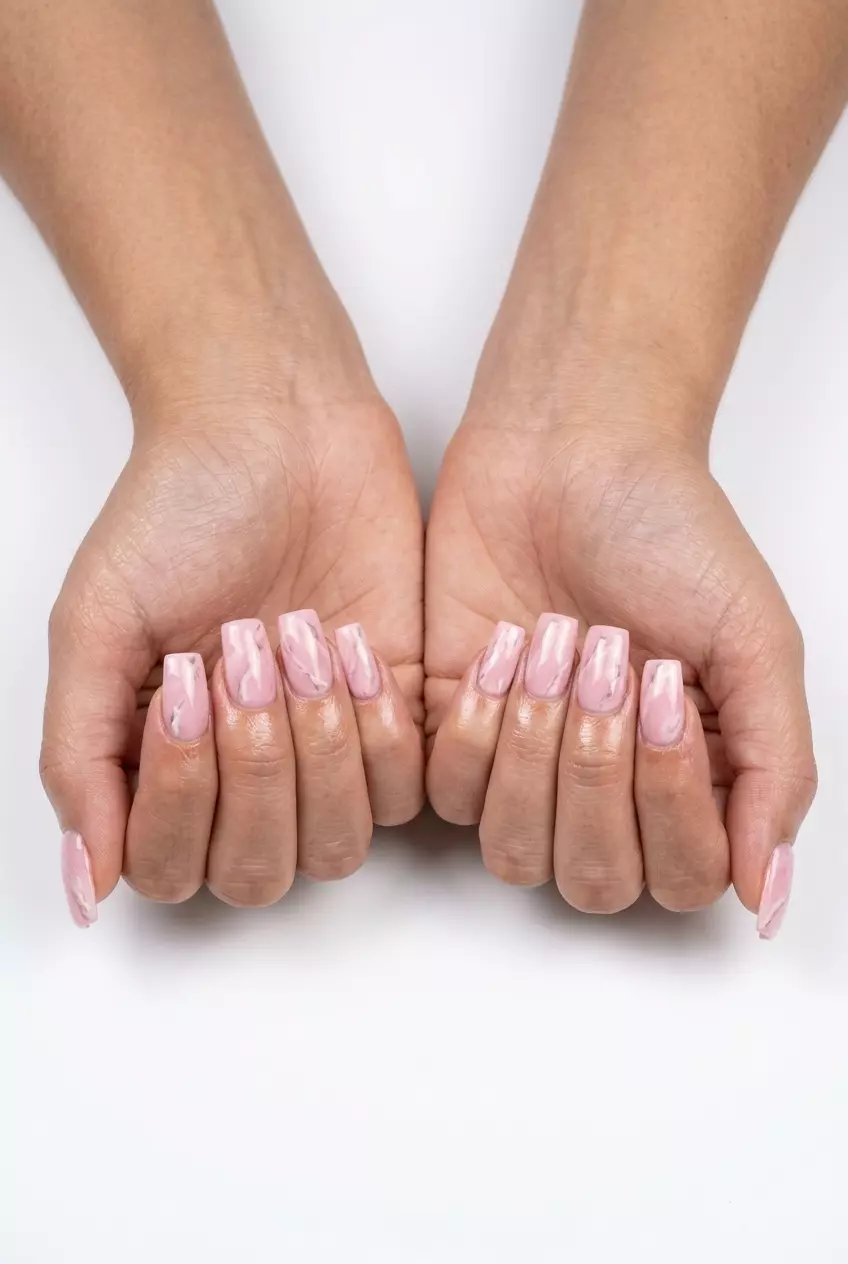 Marble Pink & White Square Nails | June Ideas 2026 Classic marble pink and white square nails. June nails ideas - summer ideas 2026.