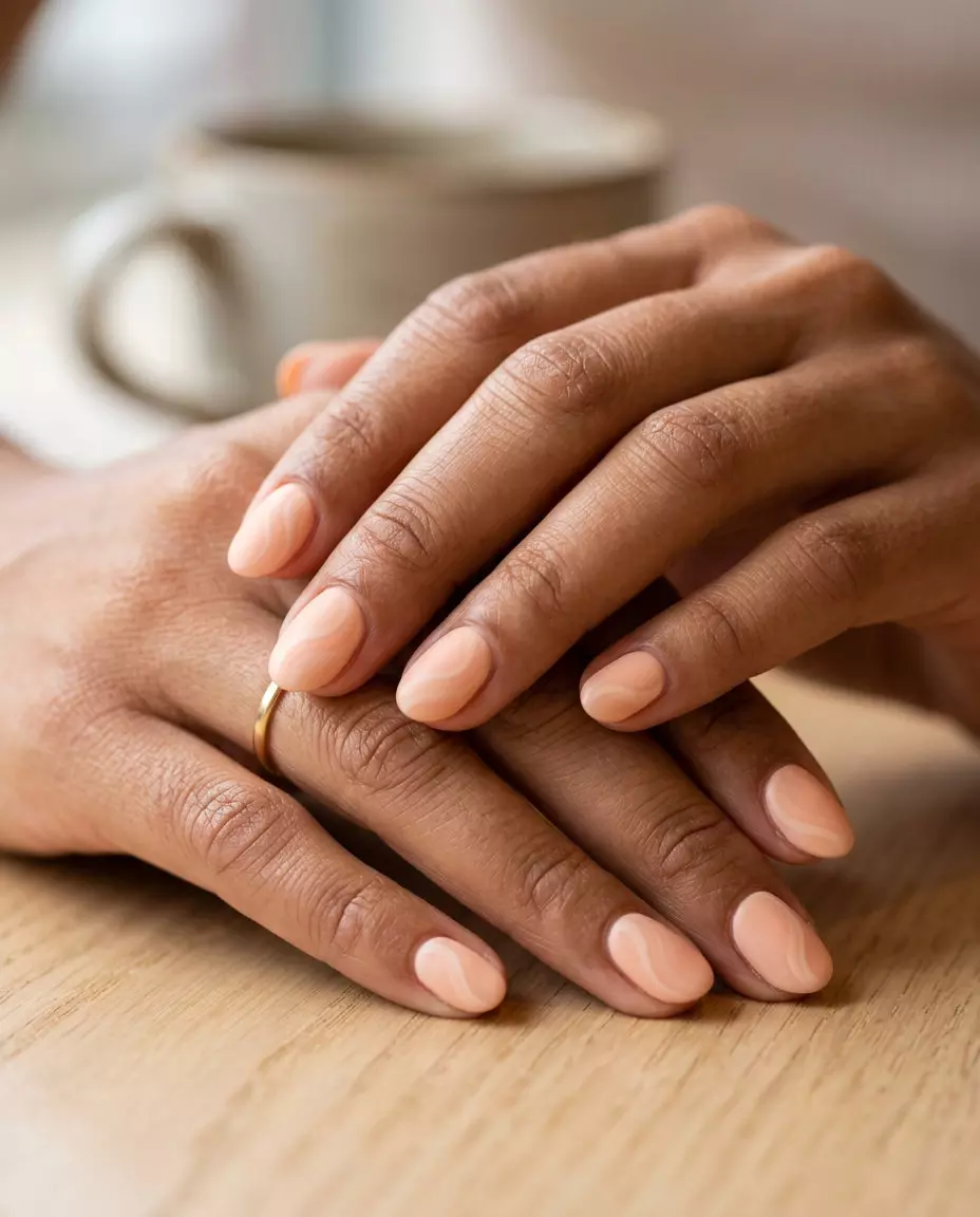 Peach Fuzz Swirl Nails 2026 | Bridal Shower Style Peach Fuzz Subtle Swirls nails: Soft peach with cream swirls and satin finish. Ideal for bridal showers. June nails ideas - summer ideas 2026.