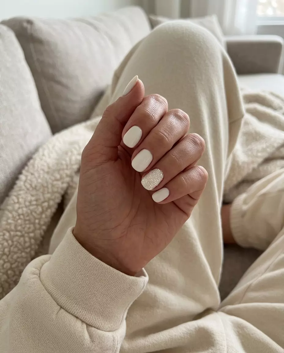 White Glitter Accent Nails 2026 | Everyday Glamour Sparkle Accent White nails: Opaque white with a fine white glitter accent nail. Glamorous for parties. June nails ideas - summer ideas 2026.