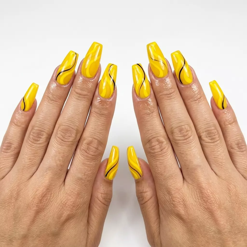 Sunny Abstract Swirl Yellow Nails | June Ideas 2026 Sunny abstract swirl yellow coffin nails. June nails ideas - summer ideas 2026.