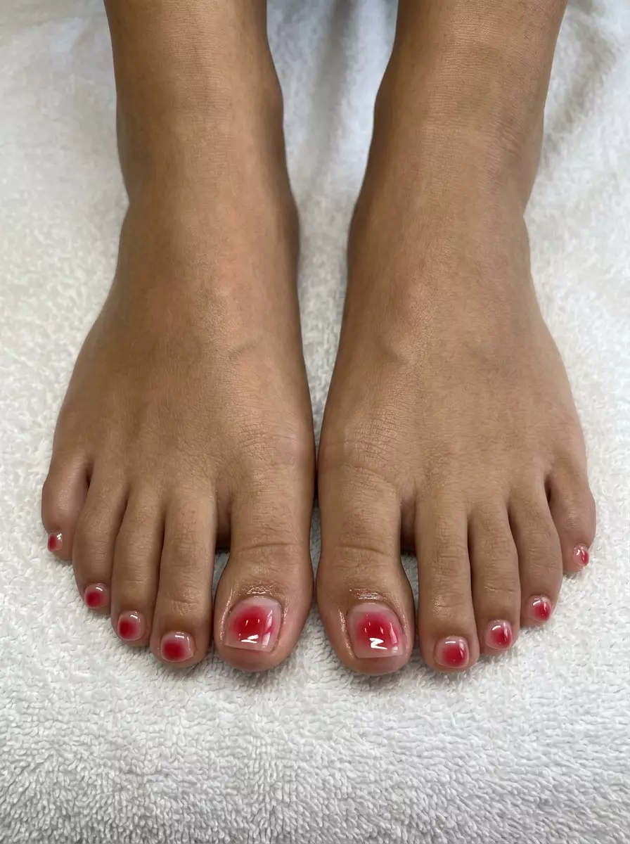 Cherry Red Aura Pedicure | June Trends 2026 Cherry Red Aura pedicure: juicy cherry red blended into clear base. June pedicure ideas - summer trends 2026.