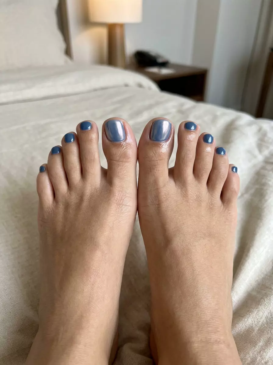 Denim Blue Glazed Donut Pedicure | June 2026 Denim Blue Glazed Donut Toes: soft denim blue, pearlescent glaze shift. June pedicure ideas - summer trends 2026.
