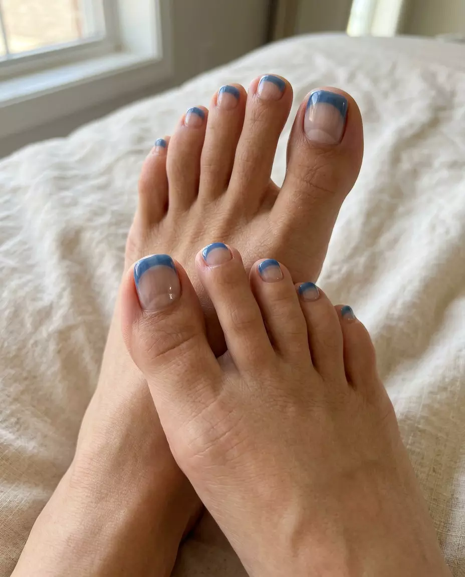 Denim Jelly French Pedicure | June 2026 Ocean Breeze Denim Jelly French pedicure: clear base, sheer denim blue tips. June pedicure ideas - summer trends 2026.