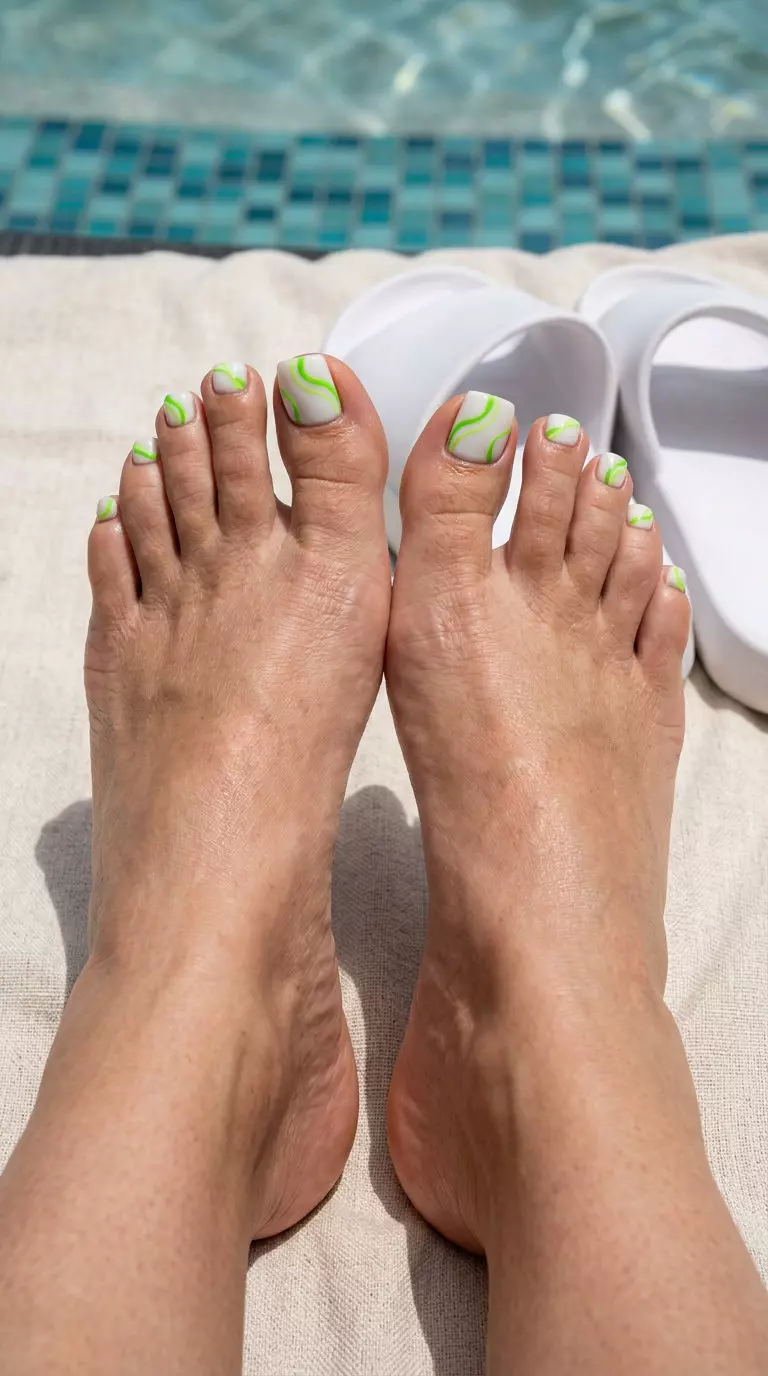 Electric Lime Abstract Pedicure | June Trends 2026 Electric Lime Abstract Play pedicure: milky white base, electric lime swirls. June pedicure ideas - summer trends 2026.