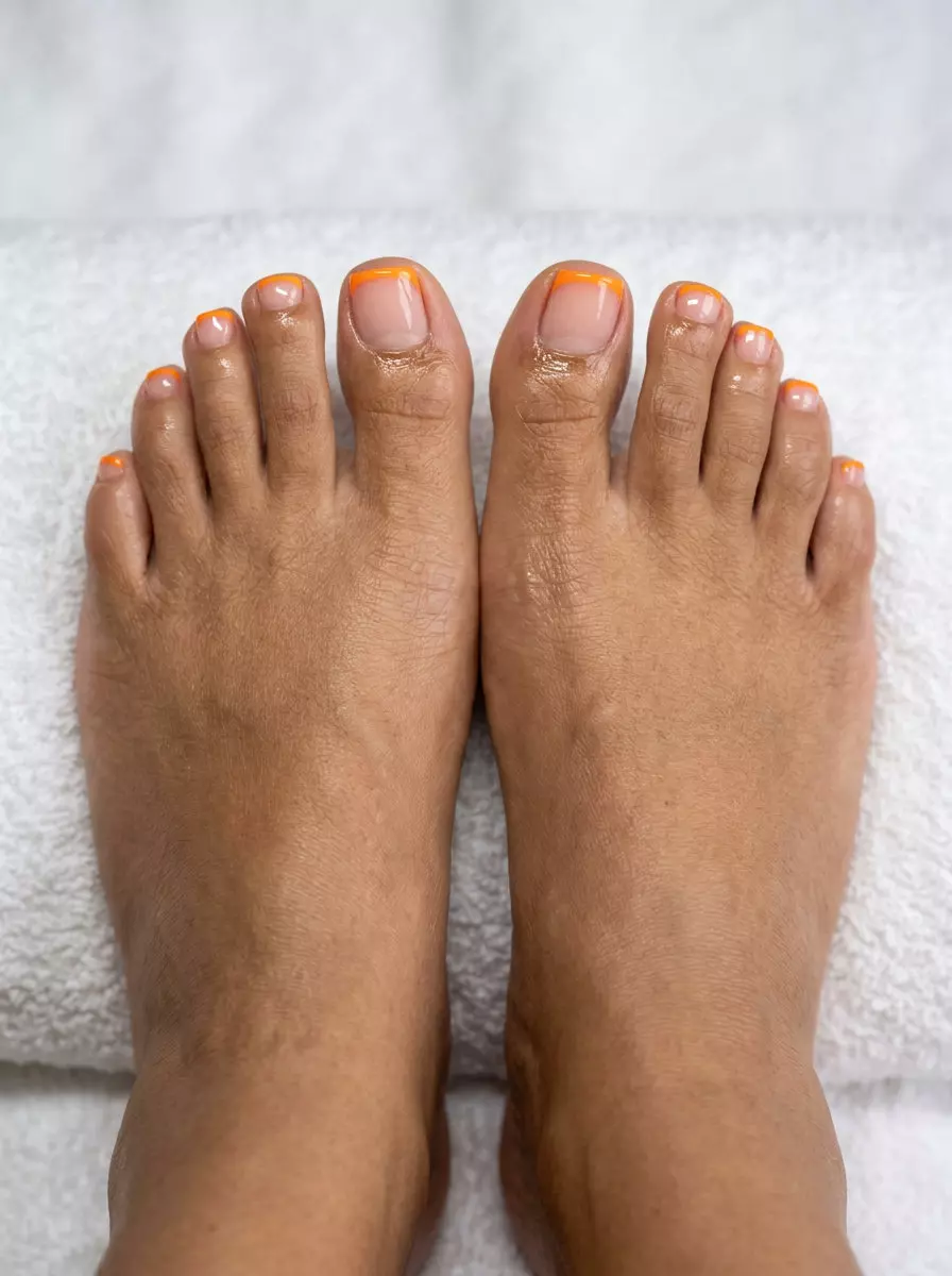 Glossy Coral Micro French Toenails - June 2026 Chic Glossy coral micro French tip on squoval toenails for a chic summer look. June toe nails ideas 2026.