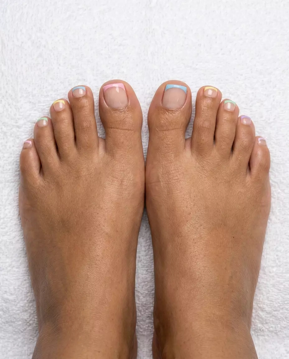 Pastel Rainbow Micro French Toenails - June 2026 Party Pastel rainbow micro French tip toenails for a playful summer party look. June toe nails ideas 2026.