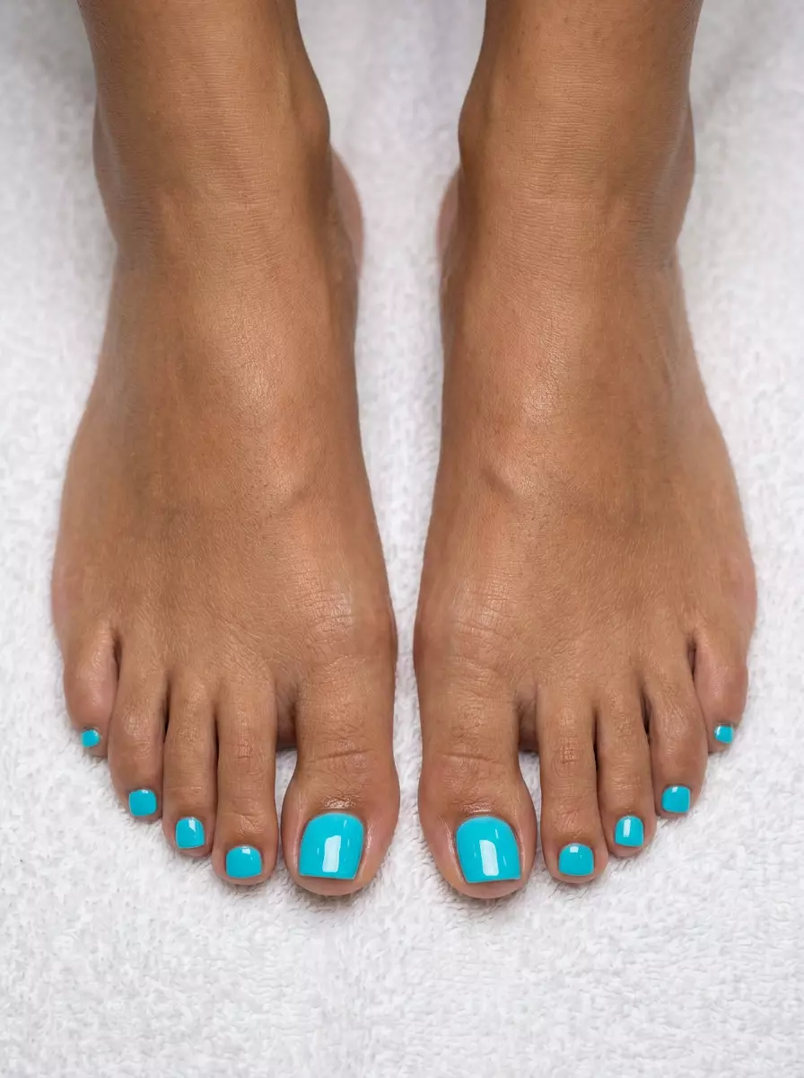 June Toe Nails: Vivid Aqua Gloss 2026 June toe nails ideas 2026: Vivid Aqua Pop Squoval Gloss for casual summer & pool days.