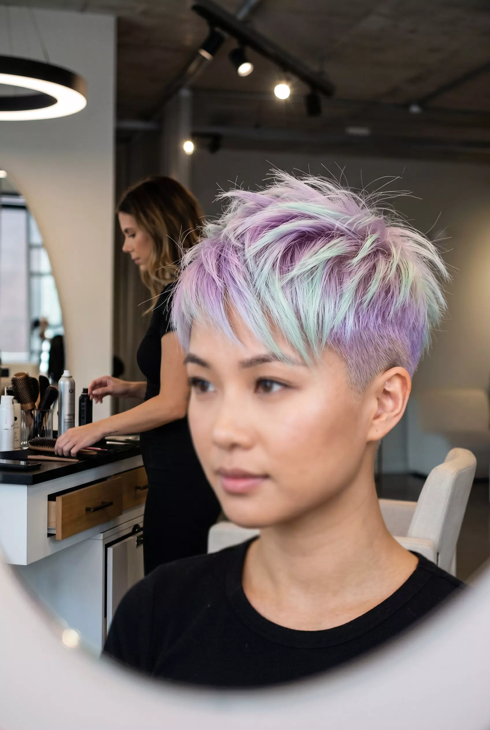 short pixie haircut ombre with lavender to mint green pastels, clipper fade, textured top &mdash; playful and bold