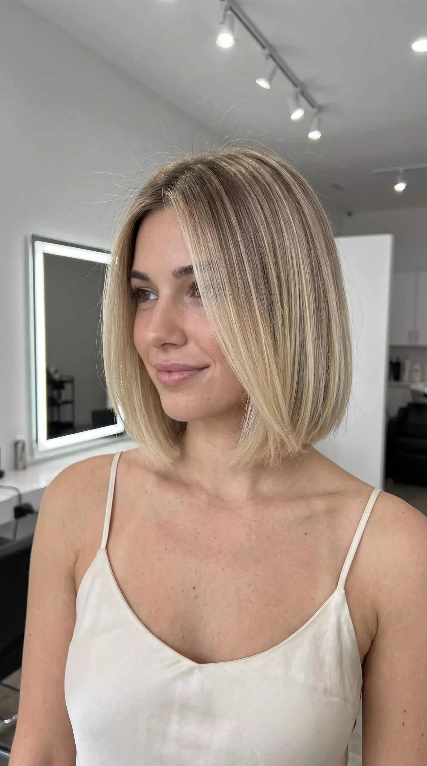 chin-length linen blonde ombre bob with dark blonde root shadow and blunt ends