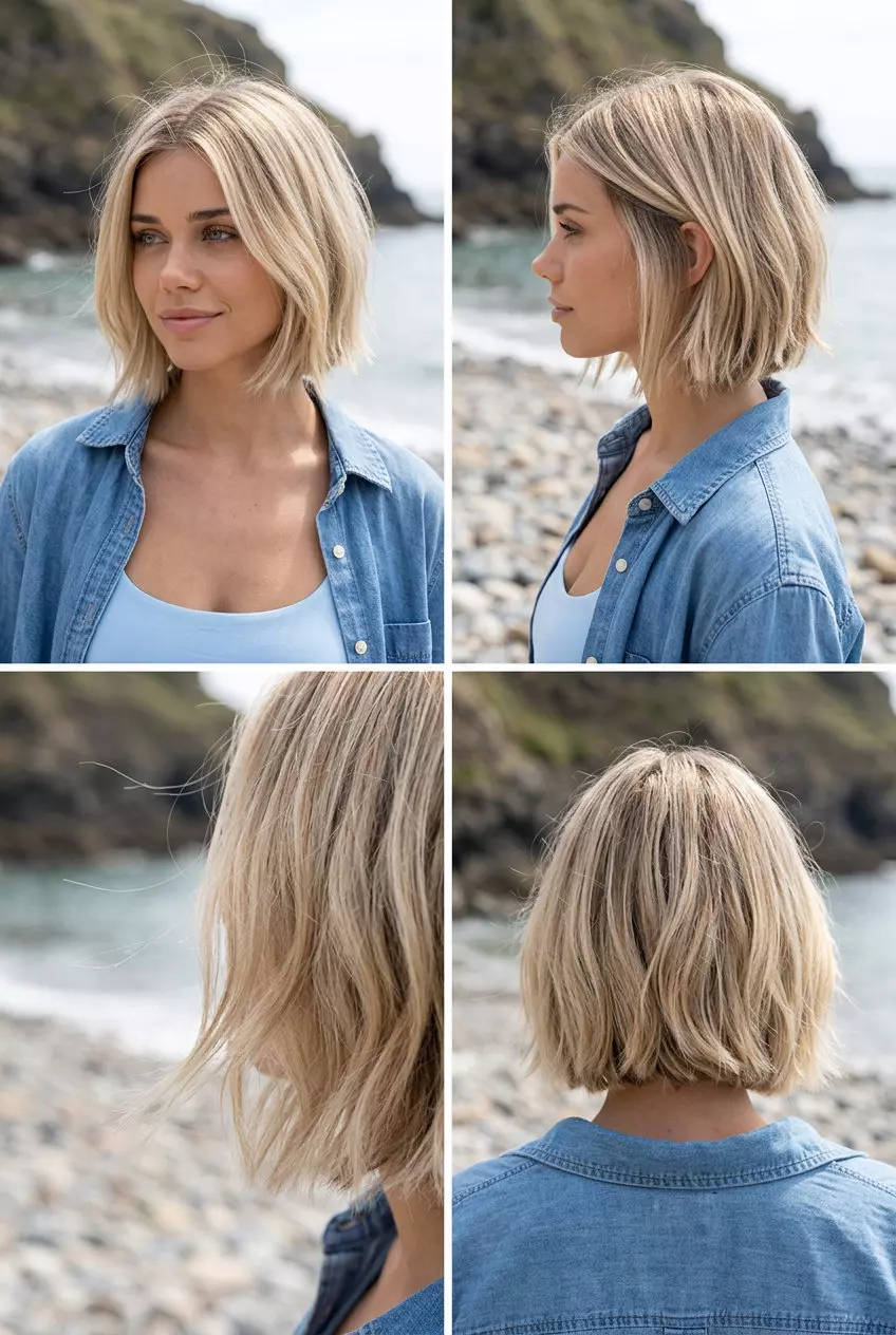 Beachy Blonde Bob Haircut 2026 chin-length bob haircut with linen blonde balayage and piecey ends for summer