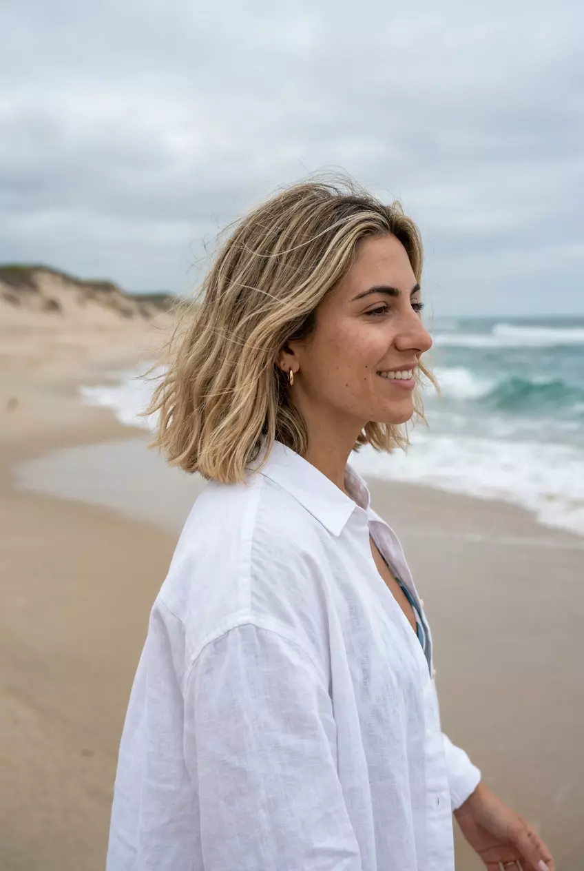 Coastal Chic Lob Hairstyle 2026 collarbone length lob textured waves with linen blonde hair, balayage, face-framing pieces — effortless relaxed
