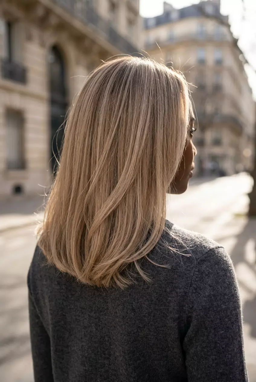 linen blonde with beige lowlights and ash undertones, face-framing highlights &mdash; chic professional look