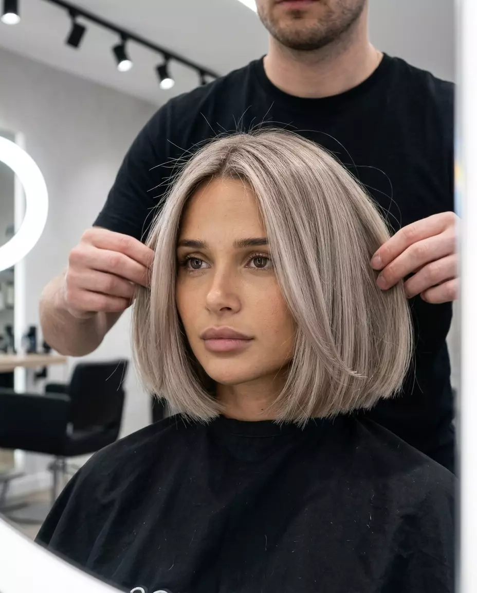 French-Inspired Petit Bob 2026 jaw-length blunt bob with cool linen blonde and taupe root smudge, no fringe — sophisticated city exploration