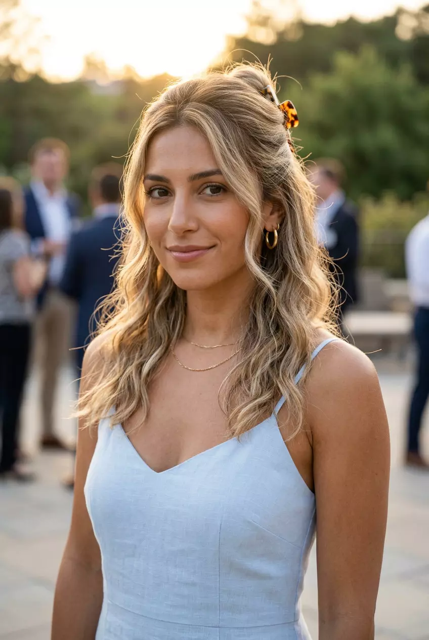 long linen blonde half-up twist with claw clip, effortless style for summer work