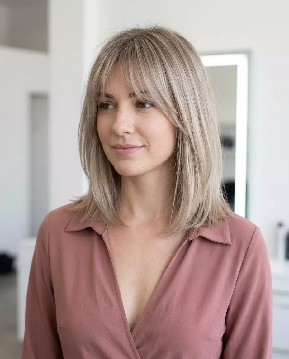long layers with cool linen blonde, invisible babylights, natural root, Birkin bangs &mdash; effortless boho chic style
