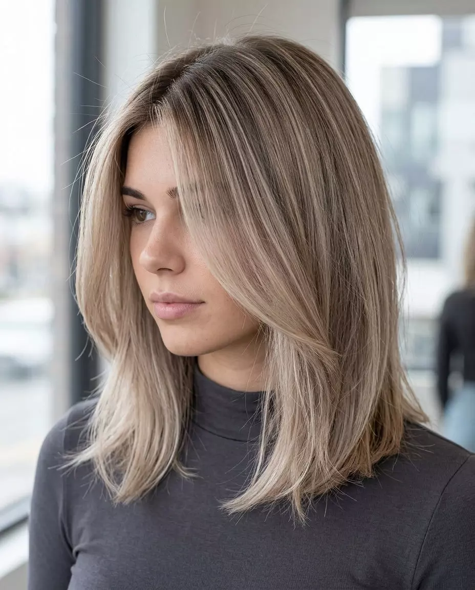 medium layered lob linen blonde with babylights and root smudge, foilyage technique &mdash; soft lived-in modern style