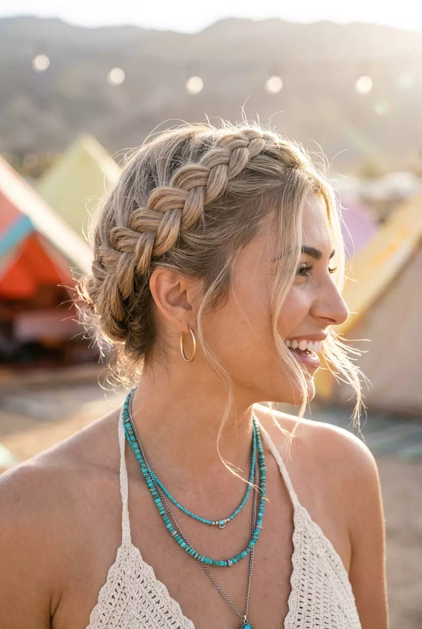 Linen Blonde Braided Crown Summer 2026 medium long linen blonde braided crown with sandy tones for summer