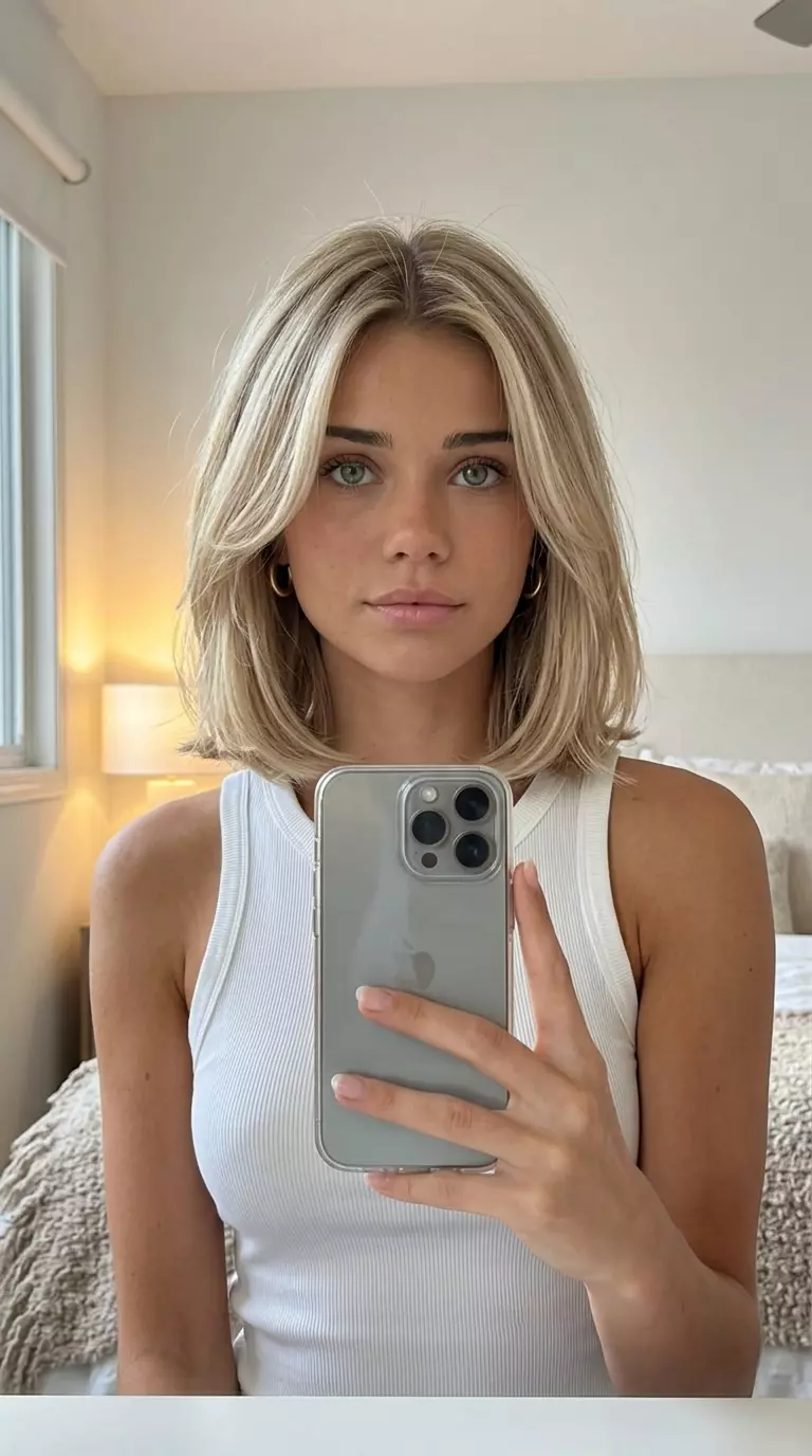 short linen blonde bob haircut with cream babylights for relaxed waves
