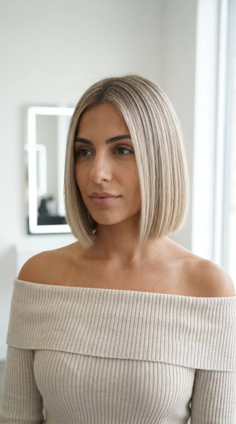 short petit-bob haircut with linen blonde color, blunt cut, center part &mdash; minimalist chic