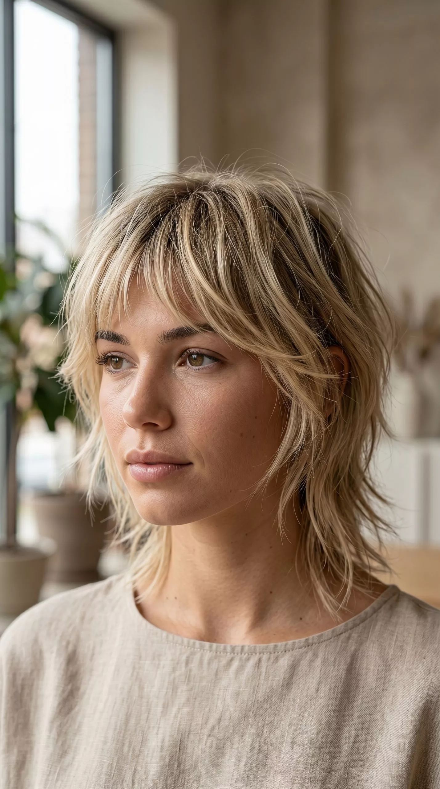 Scandi Linen Mixie Haircut 2026 short linen blonde mixie haircut with babylights and wispy bangs for effortless style