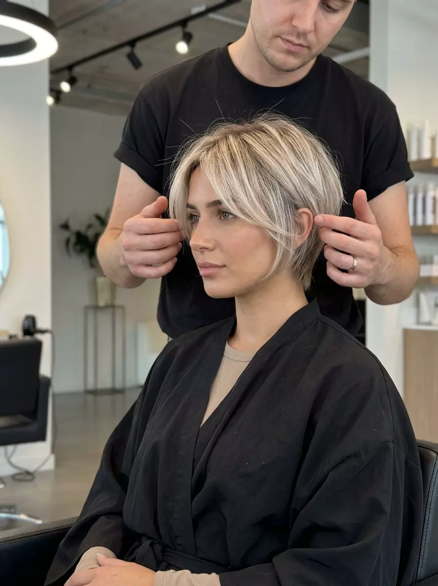 K-Pop Linen Blonde Pixie 2026 short linen blonde pixie haircut with ash root shadow and tapered nape for summer
