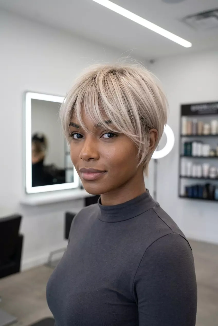 Soft Linen Blonde Pixie Cut 2026 short linen blonde pixie haircut with pearl babylights and ash root smudge for summer