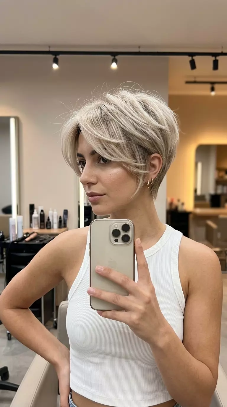 Linen Blonde Soft-Crop Pixie 2026 short linen blonde pixie haircut with pearl highlights and ash root smudge for summer