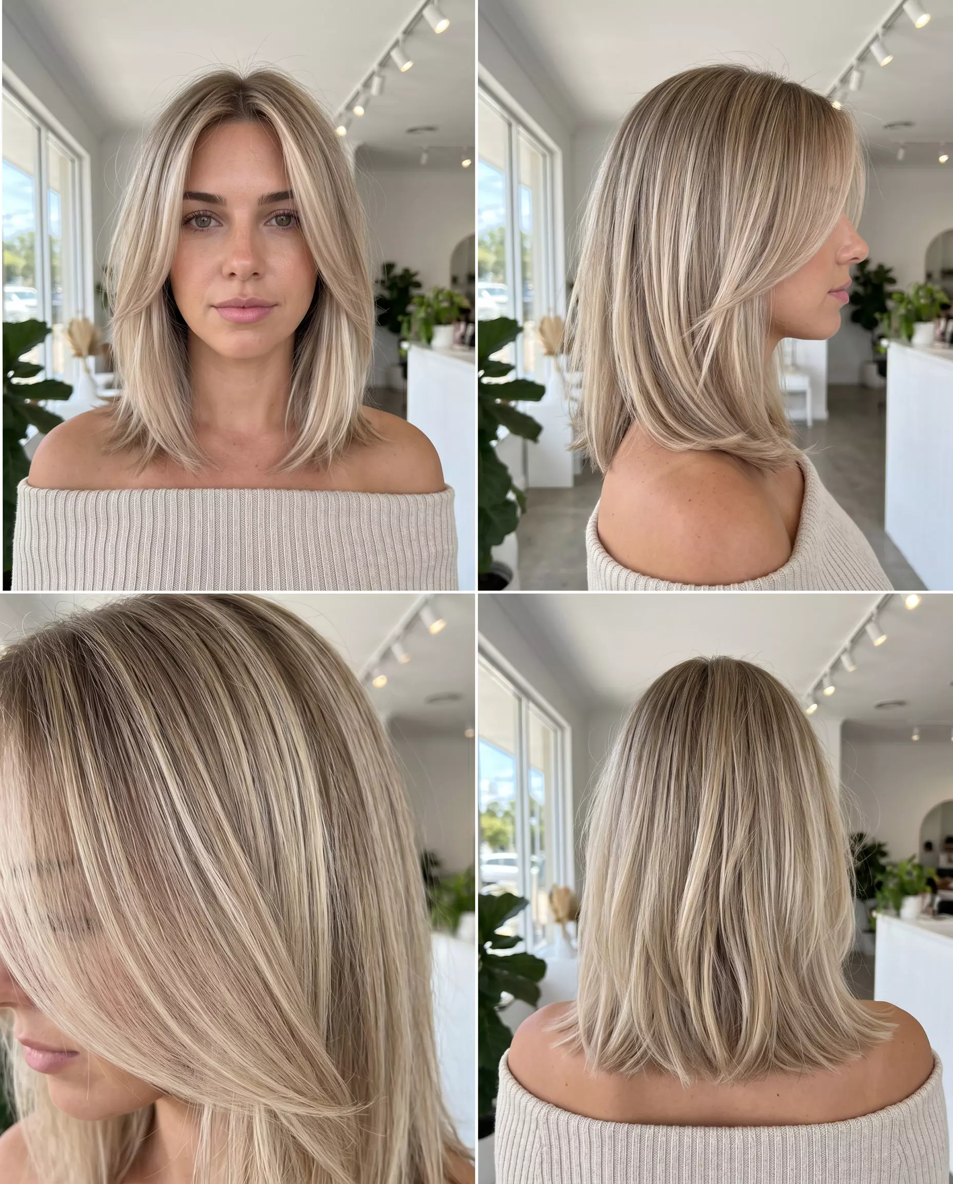 Linen Blonde Balayage 2026: Effortless Waves shoulder-length linen blonde balayage with sandy beige highlights, soft layers, no bangs — relaxed beach vacation