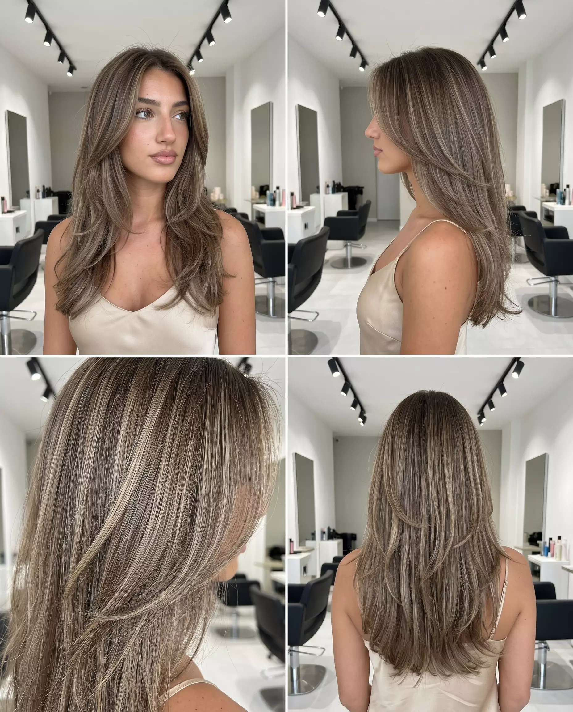 long linen brown hair with ash blonde highlights, soft layers, no bangs, for weekend getaway