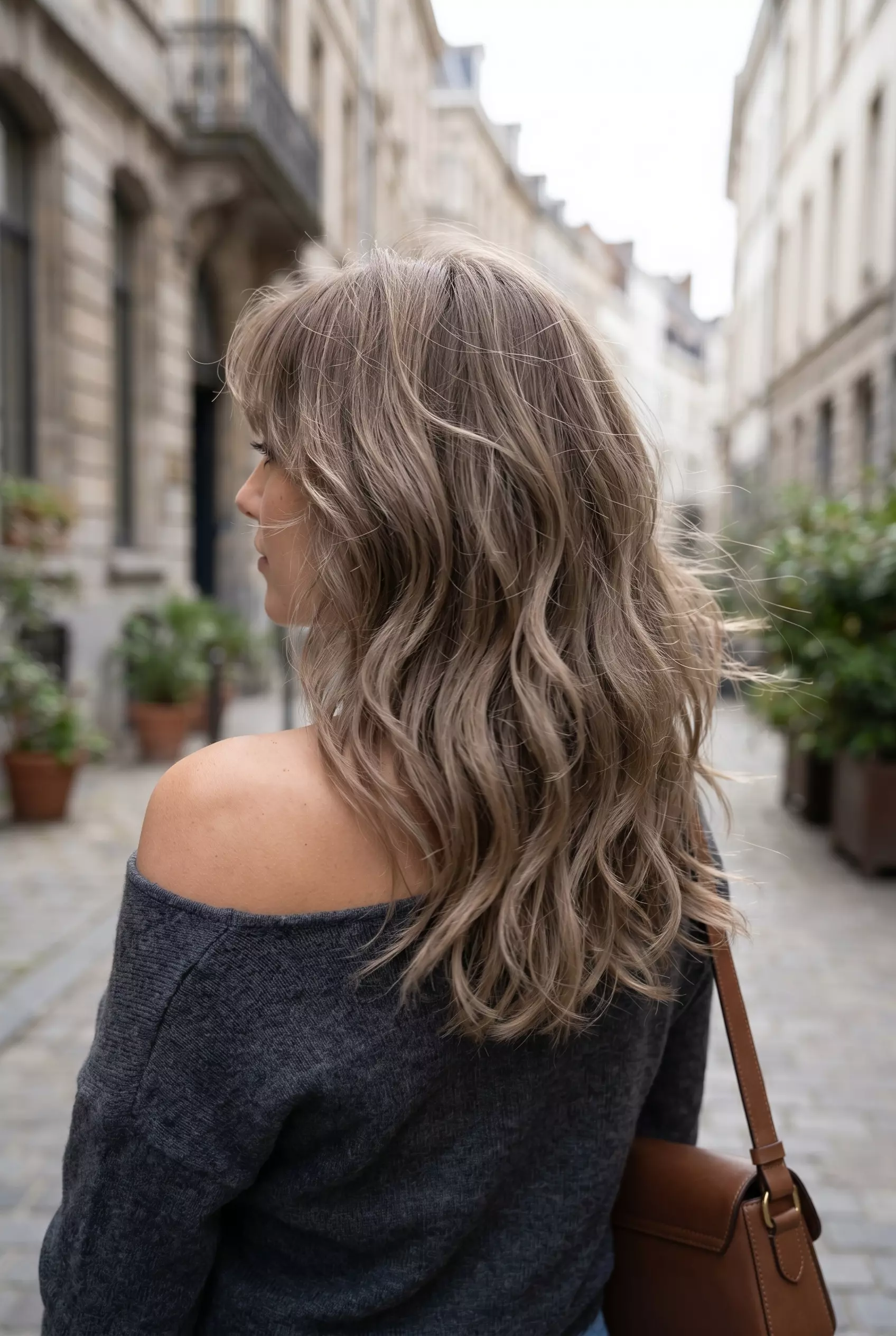 shoulder-length shag haircut with cool linen brown, ash undertones, and piecey bangs for summer 2026