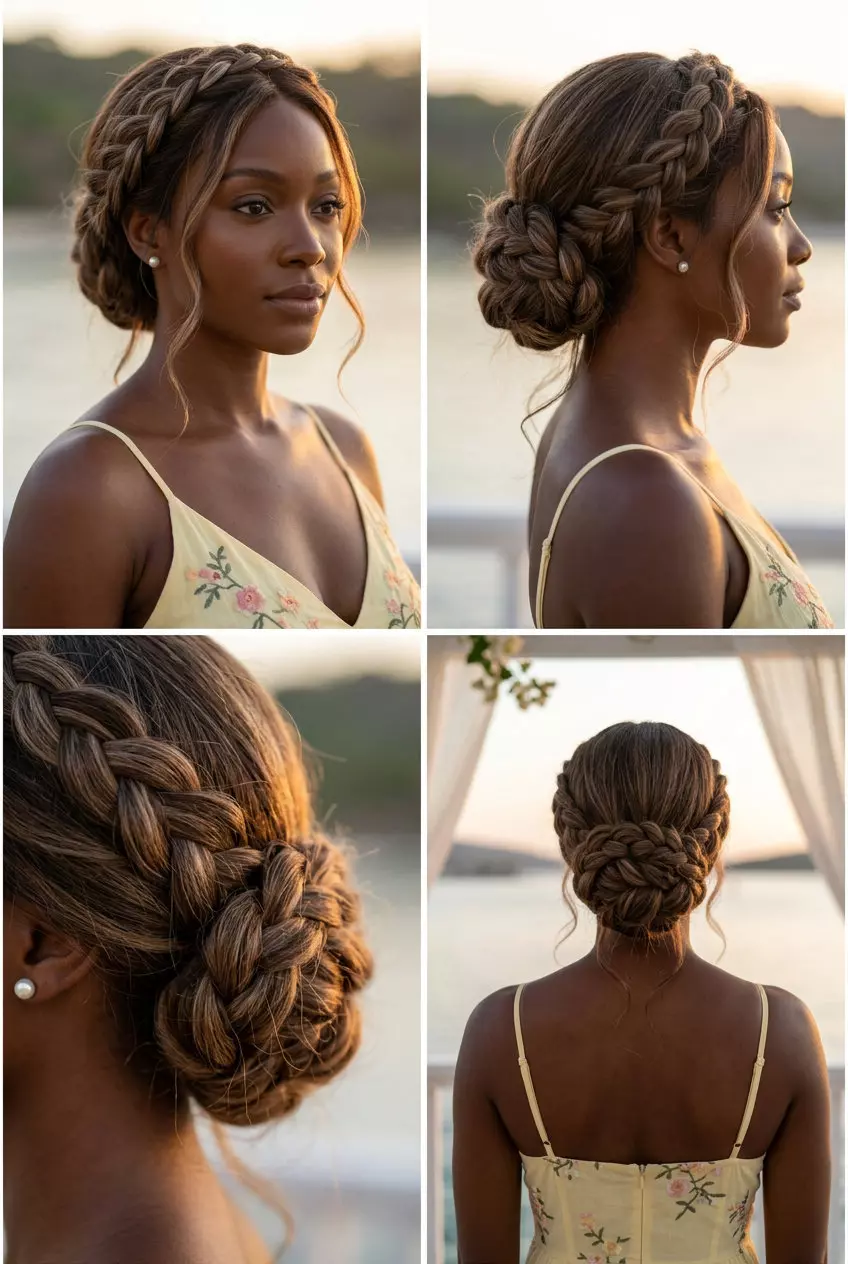 linen brown braided bun updo with ash beige babylights and face-framing curls for a wedding guest