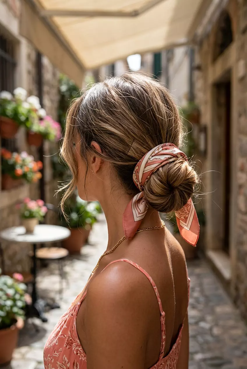 linen brown low bun updo with scarf wrap and face-framing pieces for a chic weekend