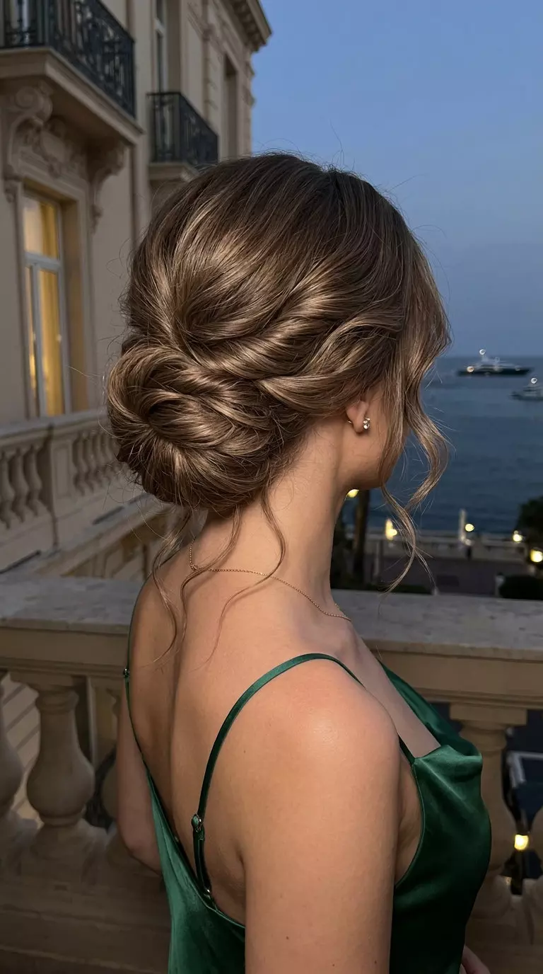 Romantic linen brown low chignon with ash beige babylights and soft twists for summer wedding guest