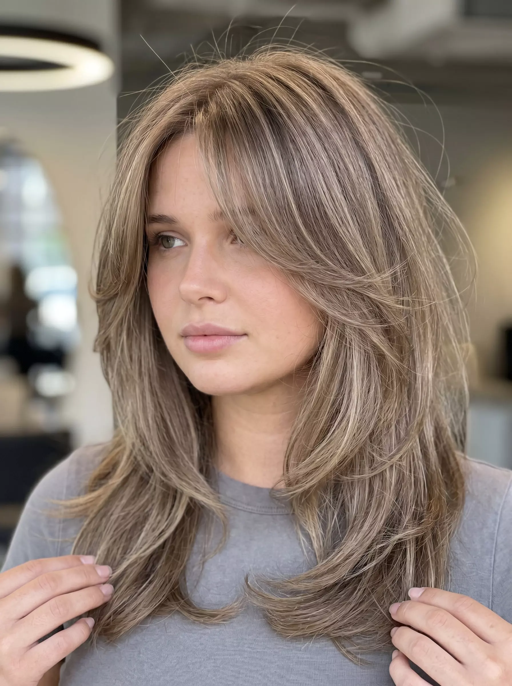 shoulder-length shag haircut in linen brunette with ash highlights, diffused layers, curtain bangs &mdash; effortless summer style