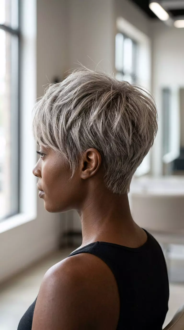 short pixie haircut with linen grey color and ash blonde herringbone highlights for summer 2026