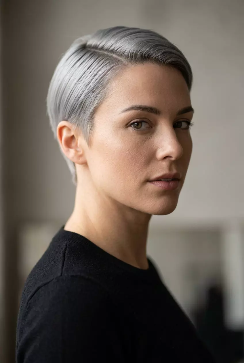 Sleek Linen Grey Pixie Haircut 2026 very short blunt pixie haircut in matte linen grey with charcoal root, sleek style — bold & sophisticated