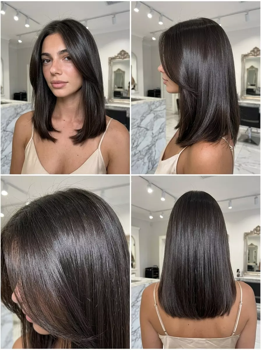 long liquid brunette gloss treatment with espresso and intense shine, no fringe &mdash; classic Hollywood date night