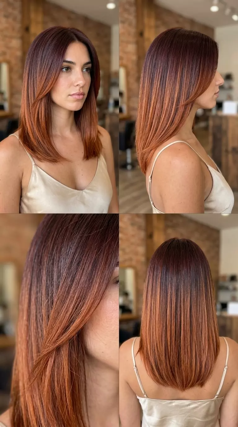 long mahogany copper ombre with deep mahogany base, vibrant copper, and color melt for professional